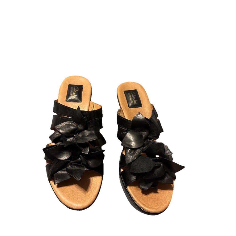 Clarks Bendables Women Black Sandals With Flower Detail Size 8